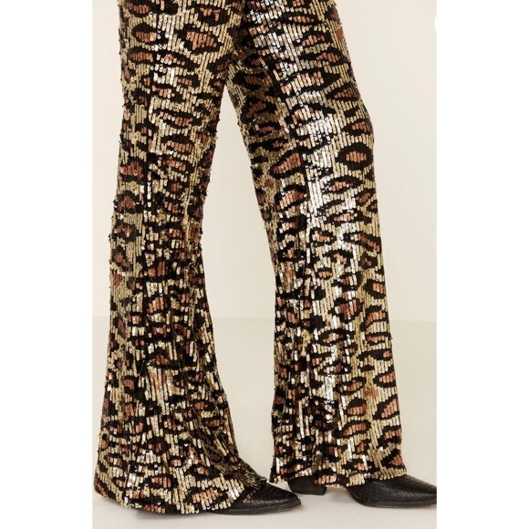 SHOW ME YOUR MUMU WOMEN'S CHEETAH / LEOPARD SEQUIN GRETTA FLARE PANTS - Sz Large - Picture 12 of 14